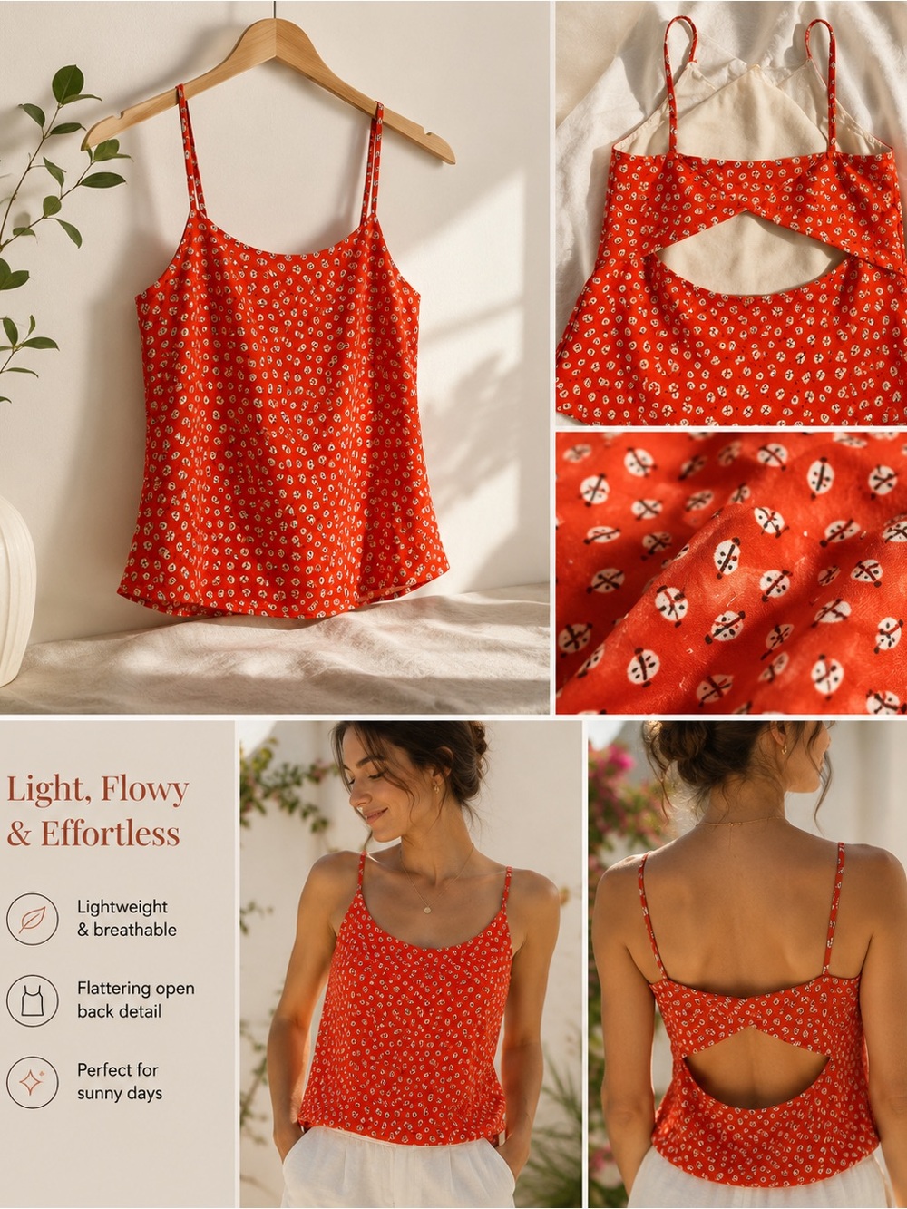 Women's Red Floral Spaghetti Strap Cami with Open Back